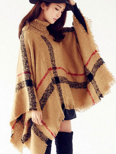 Couverture Poncho carreaux col roulé outwear avec frange manches longues