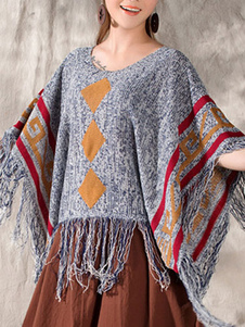Manteau Poncho imprimé Tribal Bohème Poncho pull féminine avec frange