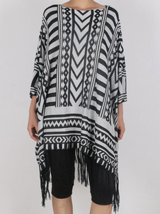 Jacquard manches longues Bohème Poncho pull féminin surdimensionné manteau Poncho avec frange