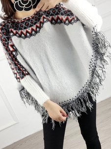 Manches longues franges Jacquard tricots occasionnel pull Poncho manteau féminin