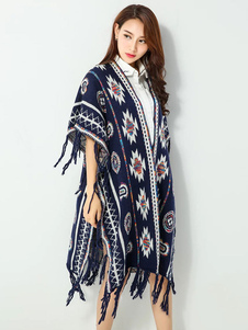 Bleu Jacquard demi-manchon Cardigan surdimensionné de la femme pull Poncho avec frange