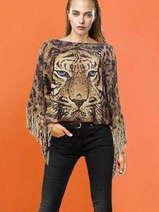 Poncho pull Tiger des femmes imprimé demi-manchon tricots court avec frange