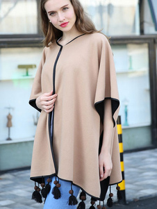 Poncho pull kaki Tassel demi-manchon Poncho manteau des femmes
