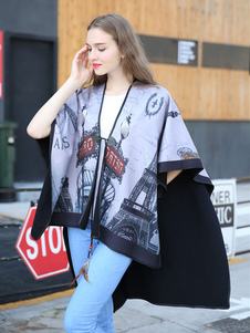 V-Neck haute basse Poncho manteau imprimé Poncho pull féminin