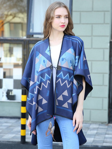 Poncho bleu pull géométrique imprimé haute basse Poncho manteau pour femmes