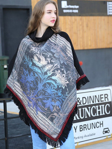 Poncho noir pull imprimé manches longues col roulé gland surdimensionné manteau pour femmes