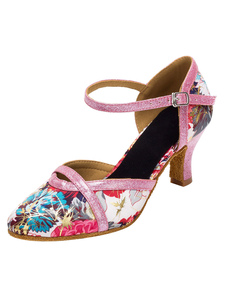 Danse Vintage chaussures imprimée talon évasé rond cheville sangle Ballroom Shoes For Women