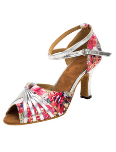 Vintage Dance Shoes Peep imprimé Floral évasée talon sangle Ballroom Shoes For Women