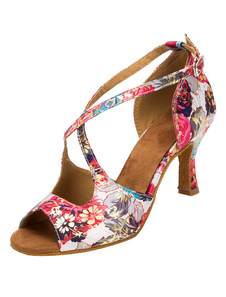 Salle de bal Vintage chaussures Floral talon évasé imprimé Croix sangle avant chaussures de danse po
