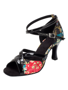 Chaussures de danse noir bracelet Vintage imprimé Floral évasée du talon Ballroom Shoes For Women