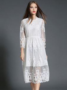 Robe de dentelle blanche en couches robe longue semi Sheer plissée féminine