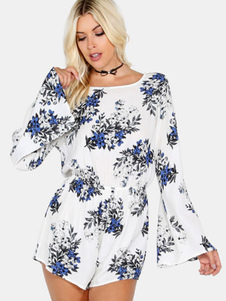 Jumpsuit blanc imprimé Flare manche plissé combinaison manches longues femmes