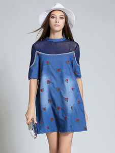 Robe denim robe demi-manchon bleu brodé coton semi sheer pour femmes