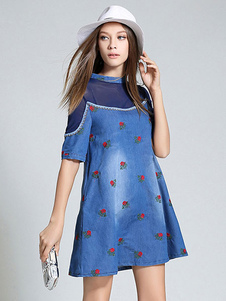 Denim brodé Shift robe Jeans demi-manchon Stand bleu collier Floral Print Dress