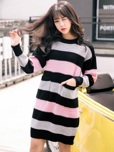Femmes pull robe à manches longues Casual mi longueur tricoté robe à rayures