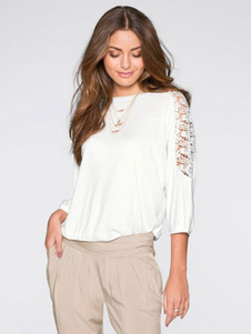 Coton blanc Blouses demi-manchon dentelle découpes Tops décontractés pour femmes