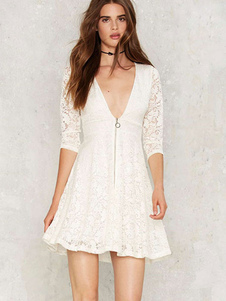 Sexy dentelle blanche Skater robe semi Sheer profonde V robe cou Half Sleeve Slim
