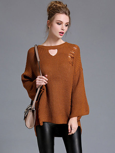 Brown Knit Sweater élevé faible découpe Bell manches longues Pullover Sweater