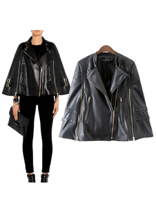 Pu cuir veste Oversize col Turndown zippée Moto veste femme