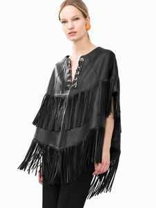 Poncho noir lacets Jacket veste de Moto Oversize manches courtes pompons