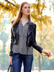 Veste noire Chic manches longues des femmes forme courte veste Moto