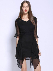 Robe noire en mousseline de soie manches moitié v-Neck femmes de Tiered Skater Dress