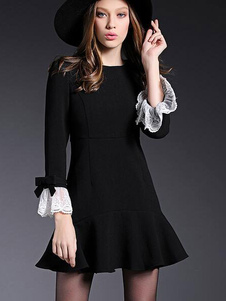 Robe patineuse de la femme manches longues robe dentelle noire