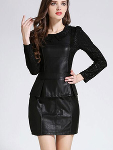 Club noir robes robe Slim Fit gaine de Peplum manches longues femmes