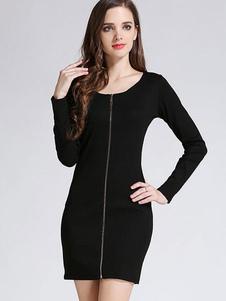 Fermeture éclair manches longues robe Bodycon noir féminin robe fourreau Fit Slim