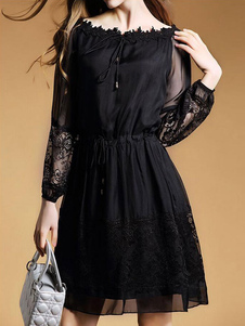 Manches longues robe féminin de cordons de hors-la-épaule robe noire de dentelle