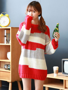 Pull en tricot rouge rayé manches longues coton Pullover Sweater femme