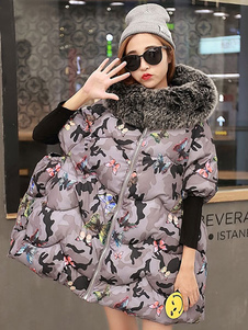 Fausse fourrure col hiver imprimé Floral coton épais femmes manteau avec fermeture à glissière avant