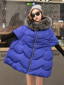 Manteau d’hiver bleu capuche manteau matelassé col fausse fourrure manches courtes féminines