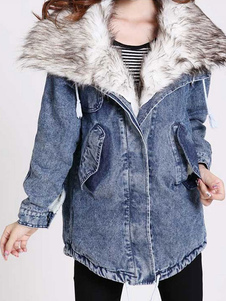Bleu Denim manteau fausse fourrure col féminin surdimensionnée bordée de manteau d’hiver