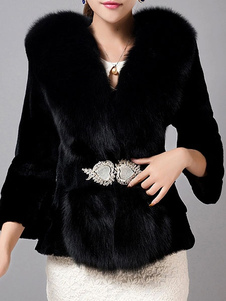 Manteau fausse fourrure des détails en métal noir féminin manches longues Slim Fit manteaux d’hiver