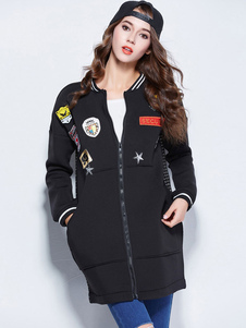 Manteau noir brodé découpe des femmes Hip Hop Style surdimensionné à poil Long