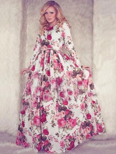 Vintage robe Maxi Floral imprimé manches longues plissé robe longue femme