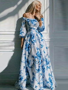 Bleu robe longue robe Maxi Floral Print Vintage Off-the-Shoulder Puff Sleeve féminin
