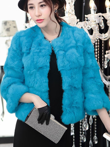 Veste fausse fourrure bleu manteau d’hiver court femmes manches longues