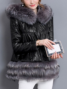 Capuchon d’hiver Manteaux fausse fourrure oreiller collier simili-cuir noir veste femme