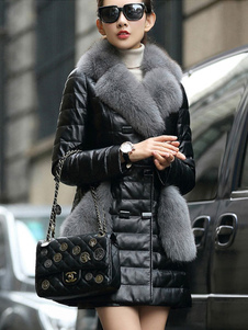 Slim Fit manteau d’hiver noir fausse fourrure col féminin matelassé à poil Long