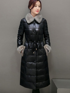 Long manteau d’hiver des dames Faux fourrure cordon ceinture Faux cuir matelassé manteau en rouge/no