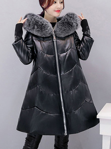 Manteau d’hiver noir capuche fausse fourrure Oversize en Faux cuir manteau Long matelassé femmes
