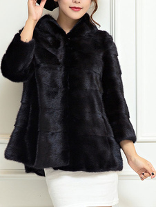 Luxueux manteau d’hiver à capuchon manteau fausse fourrure noir manches moitié féminin