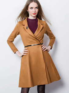 Manteau brun Wrap ceinturée longue manches col Turndown Flare du manteau pour femmes
