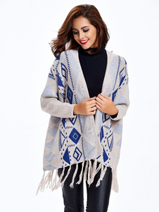 Cardigan populaire gris jacquard avec frange ouverture avant manches longues