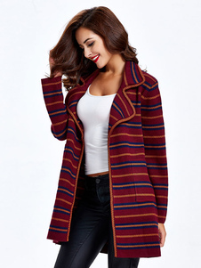 Cardigan féminin mode bleu avec rayure col à revers manches longues