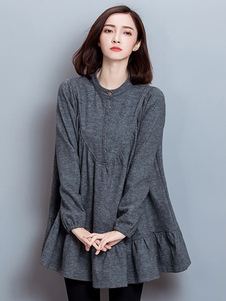 Shift robe manches longues gris bouton Ruffle femmes surdimensionné coton robe