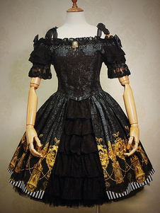 Gothic Lolita Robe Black Bow imprimé Ruffles Jacquard Gothique Lolita Robe costume avec dentelle bro