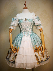 Gothic Lolita Robe lumineuse bleue dentelle brodée arc Royal imprimé costume robe Lolita Rococo à vo